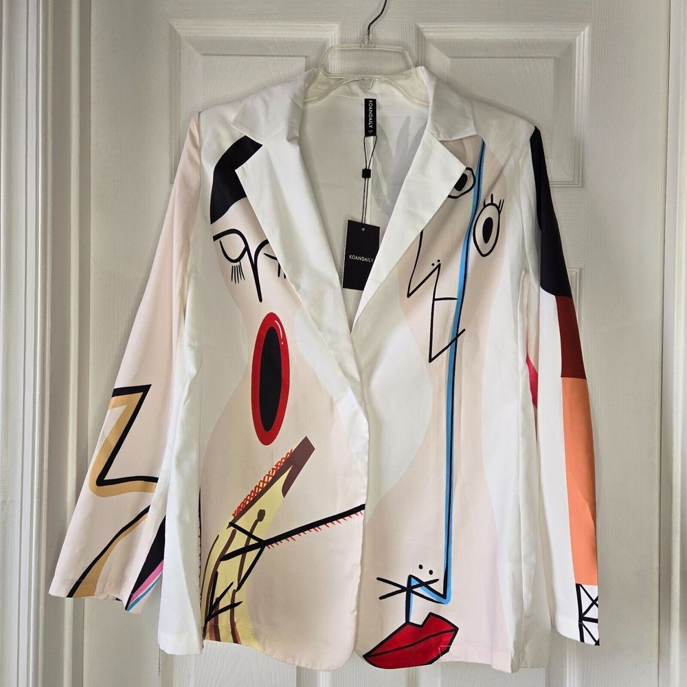 Koandaily Women's White Multi-Colored Art Graphic Blazer Jacket Sz L - Picture 3 of 10